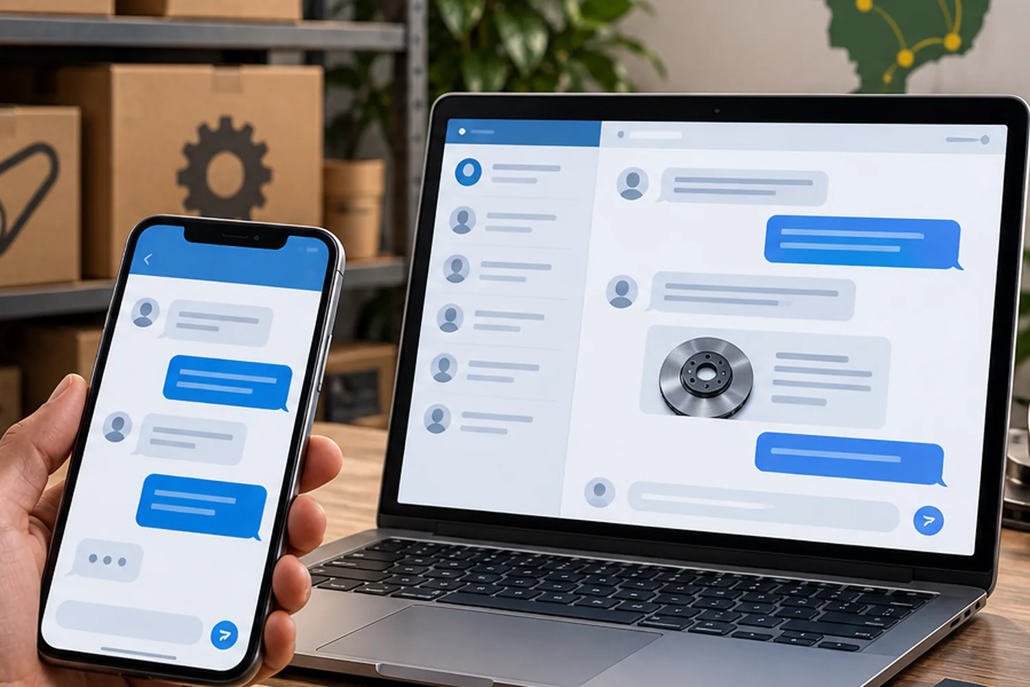 Auto parts enquiry shown across a phone and laptop