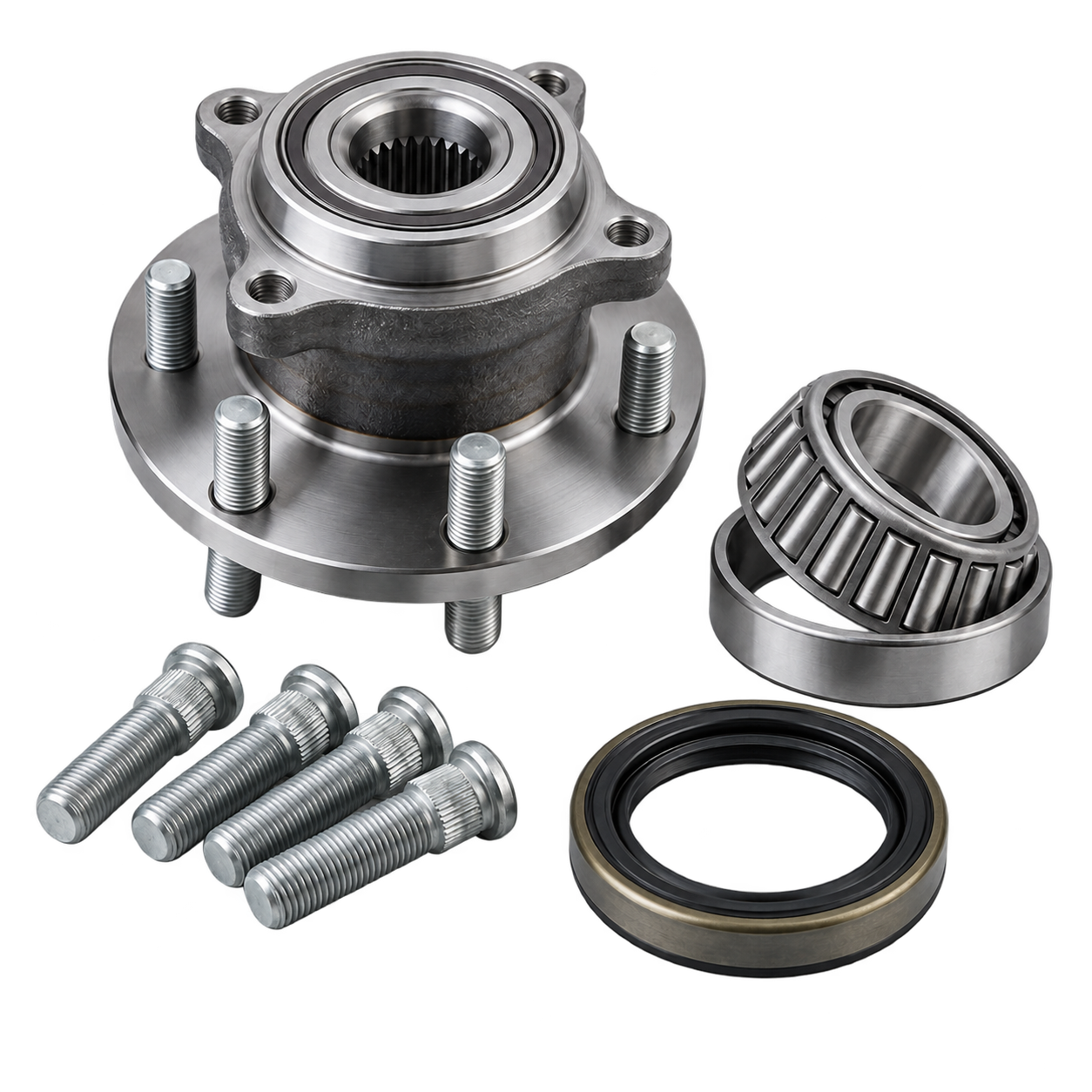 Wheel hub, bearings, studs and oil seal