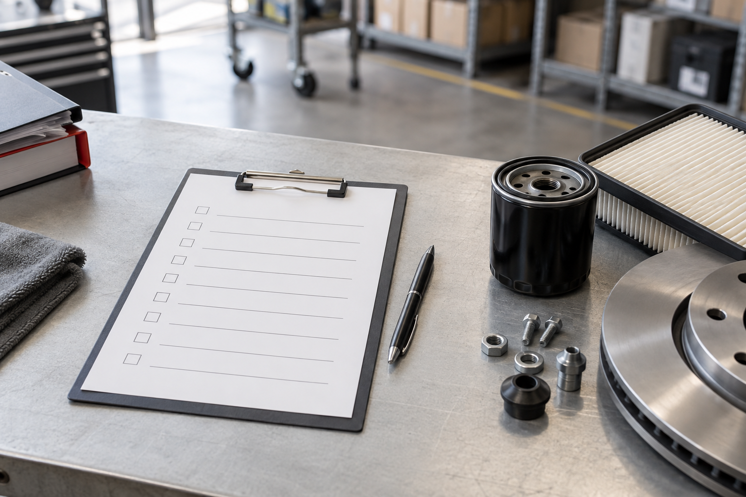 Blank parts checklist beside automotive components