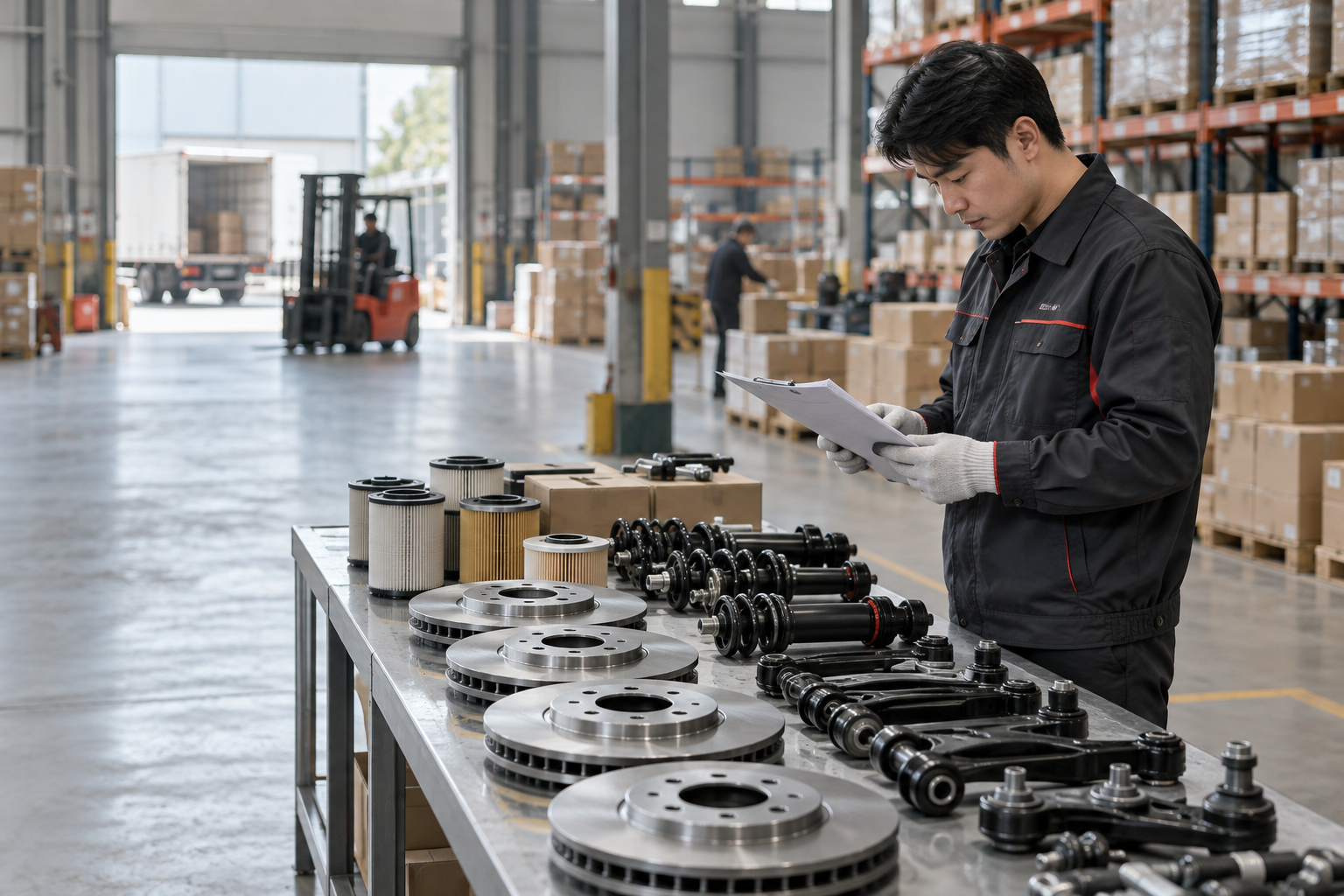 Specialist reviewing automotive parts in a warehouse
